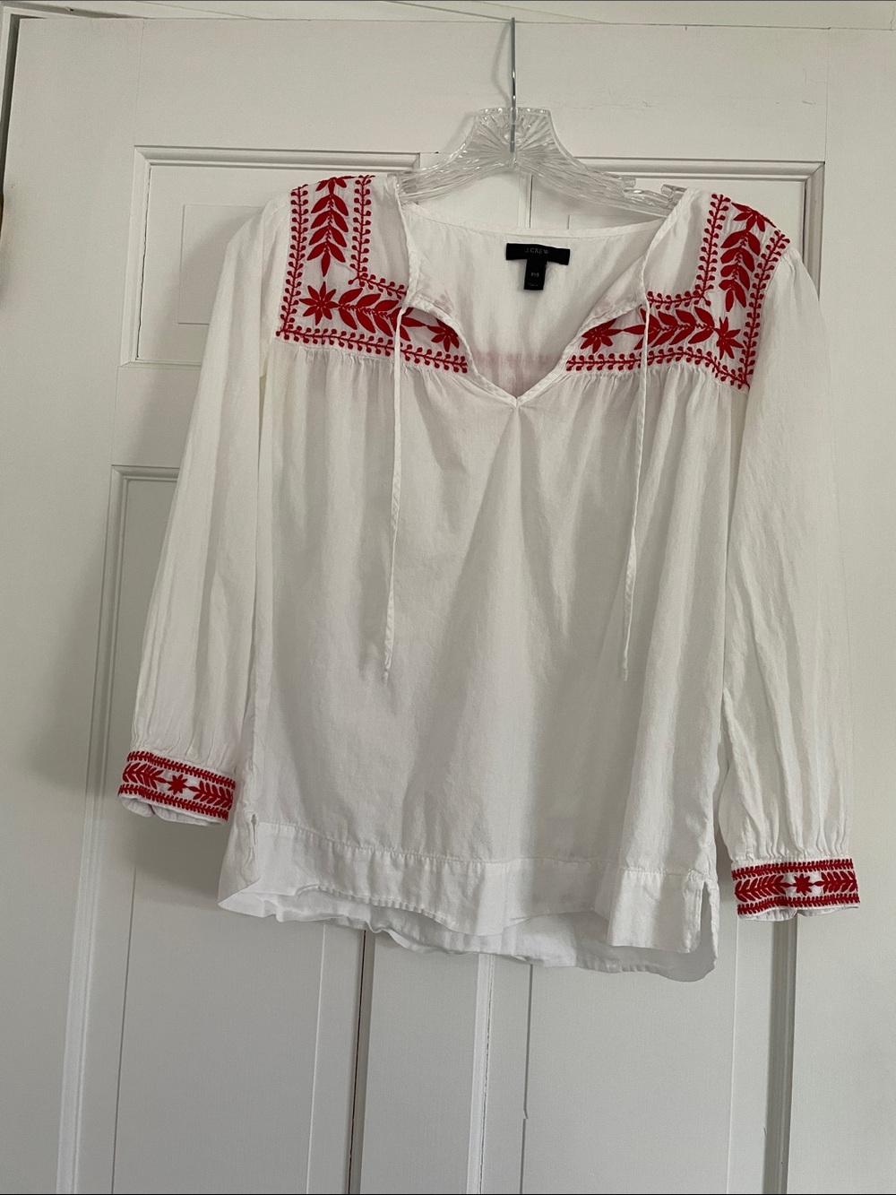J. Crew White Tunic with Red Embroidered Yoke